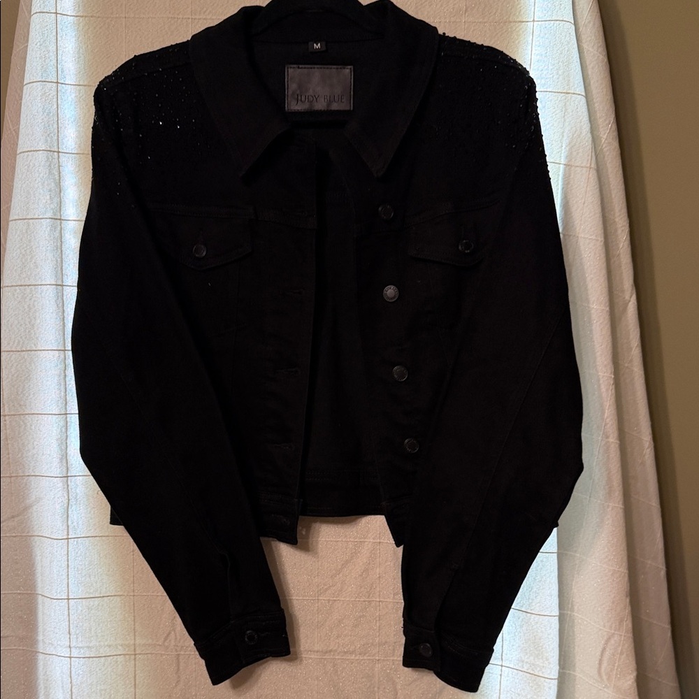 Judy Blue Black Jean Jacket with Subtle Shoulder Embellishment